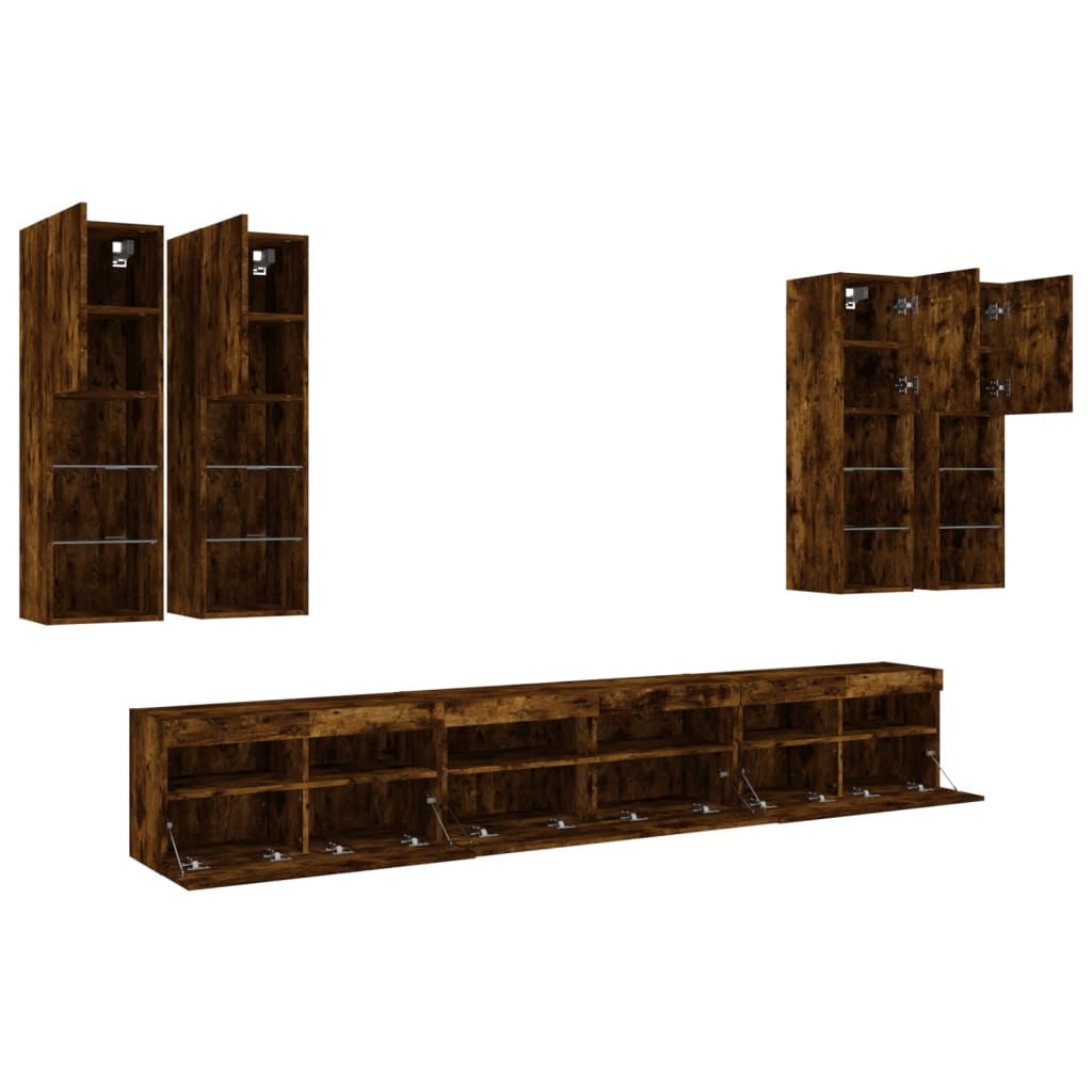 Ensemble de meubles TV muraux 7 pcs et lumières LED chêne fumé