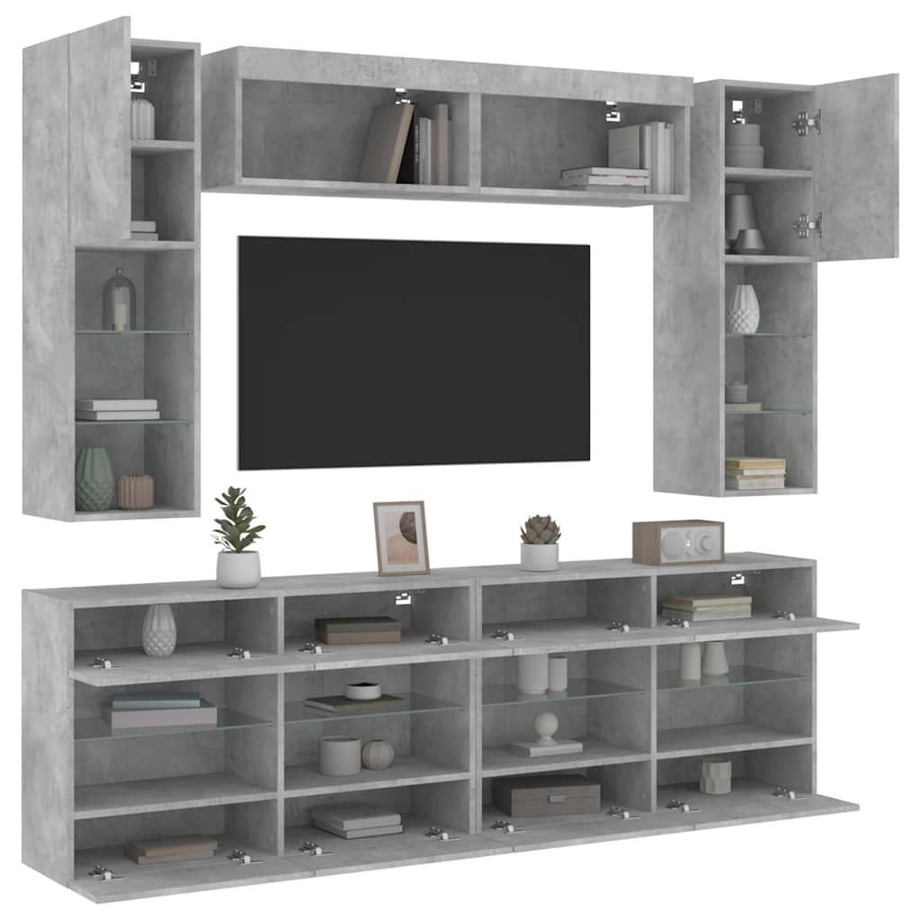 Ensemble de meubles TV muraux 6pcs et lumières LED gris béton - XIOS