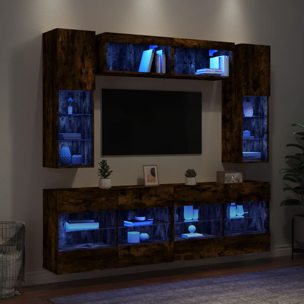 Ensemble de meubles TV muraux 6pcs et lumières LED chêne fumé - XIOS