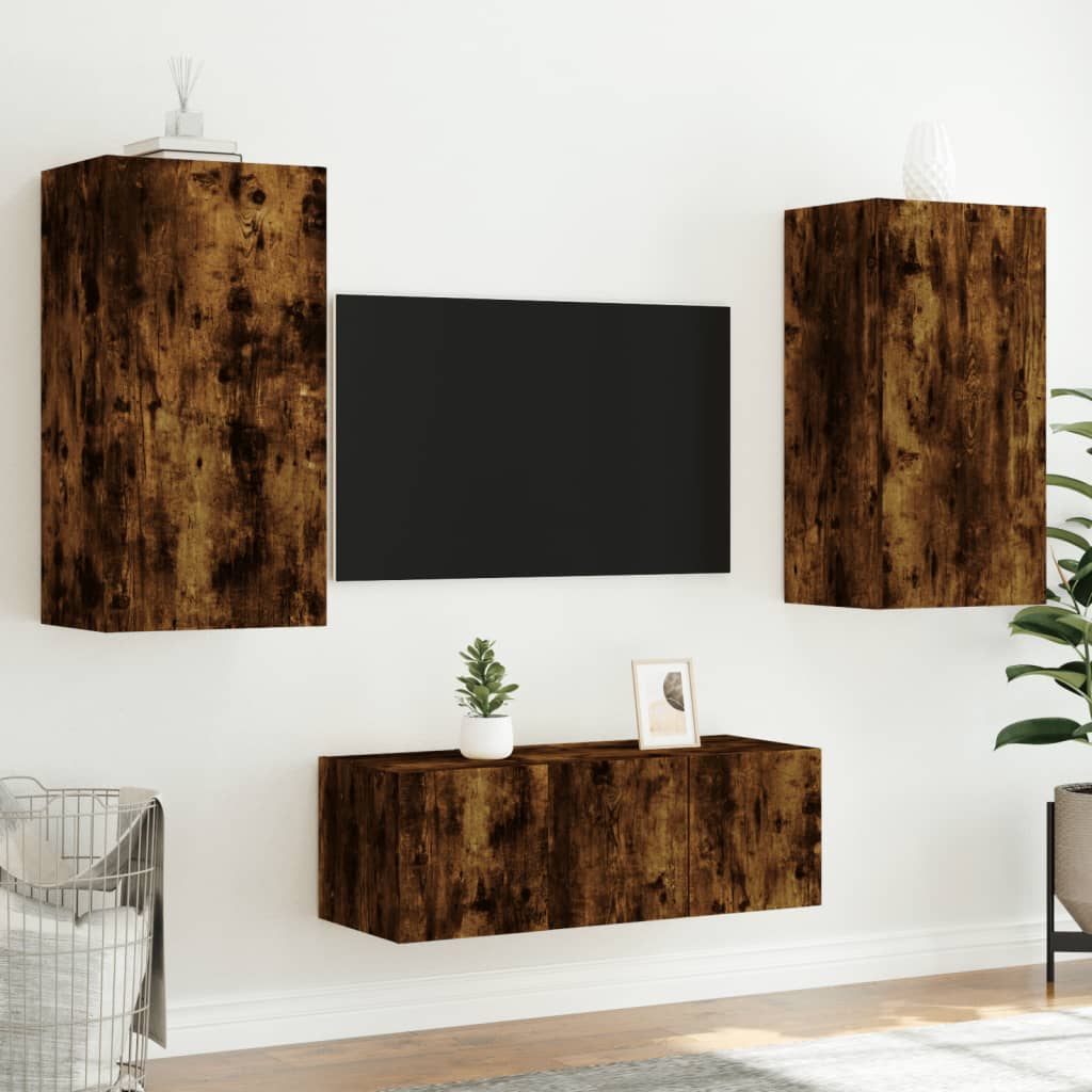 Unités murales TV avec LED 4 pcs chêne fumé bois d'ingénierie - XIOS