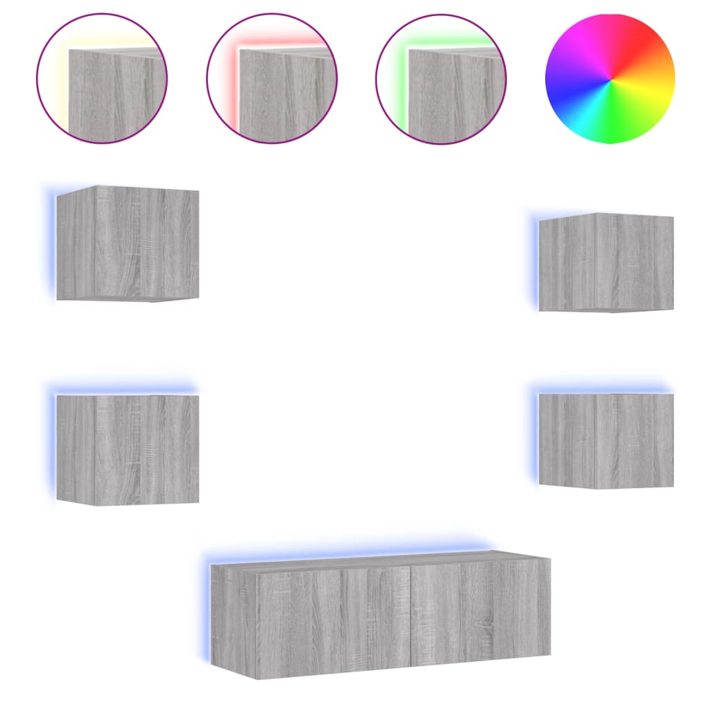 Meuble TV muraux 5 pcs avec lumières LED sonoma gris - XIOS