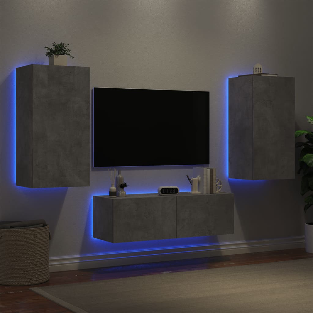 Meuble TV muraux 3 pcs avec lumières LED gris béton - XIOS