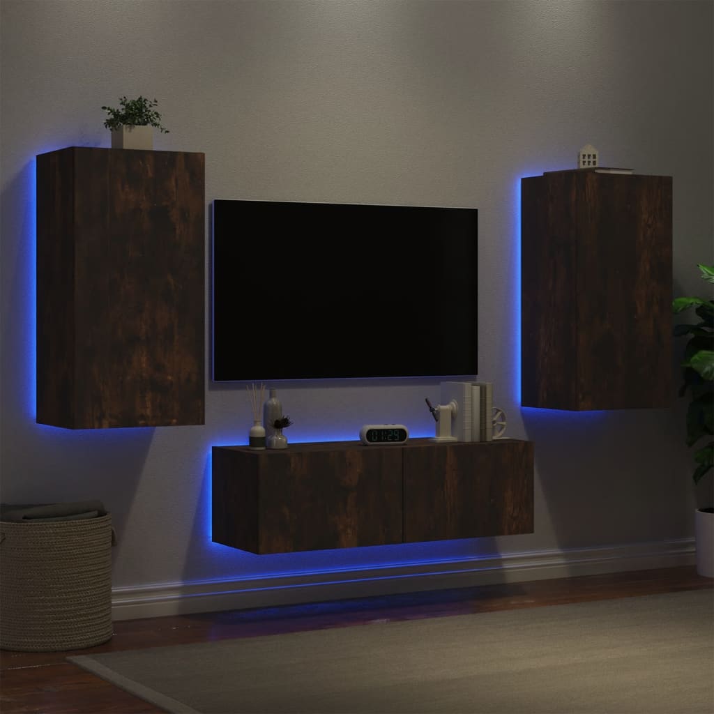 Meuble TV muraux 3 pcs avec lumières LED chêne fumé - XIOS