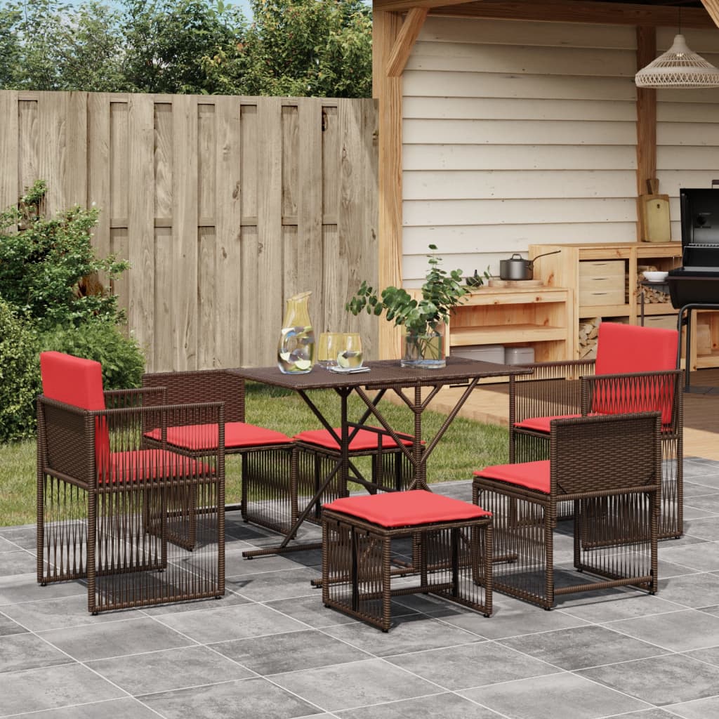 Ensemble à manger de jardin et coussins 7 pcs marron poly rotin - XIOS