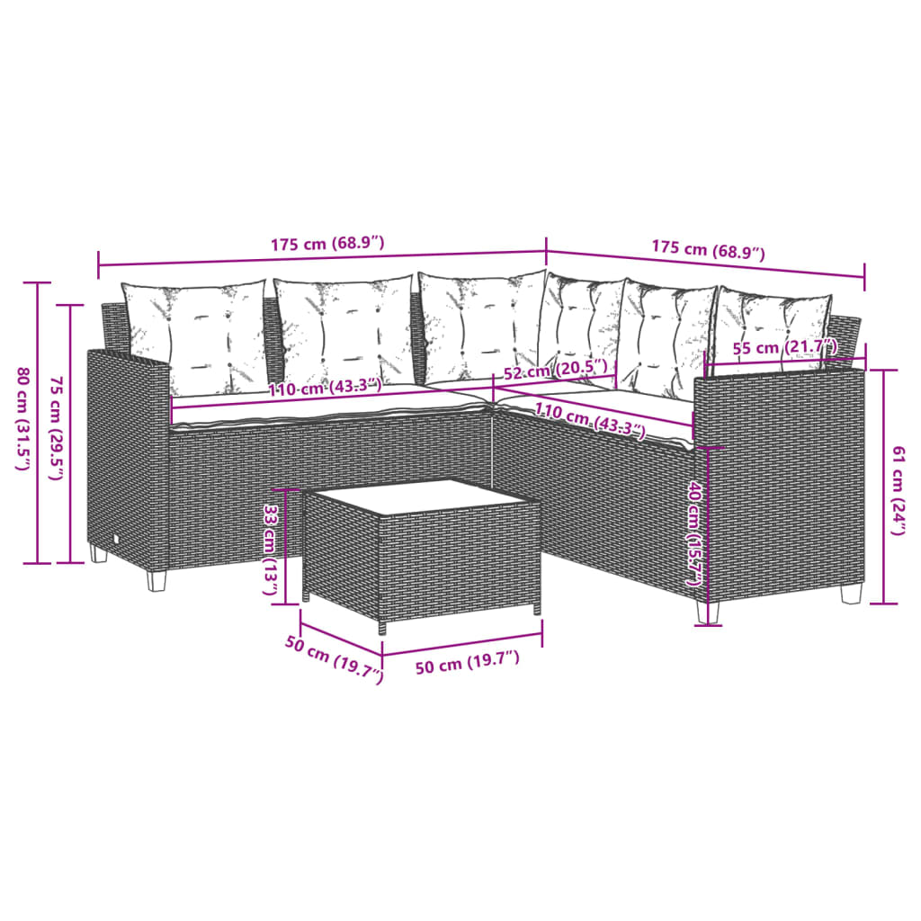Canapé de jardin avec table et coussins en forme de L marron Salons de jardin vidaXL