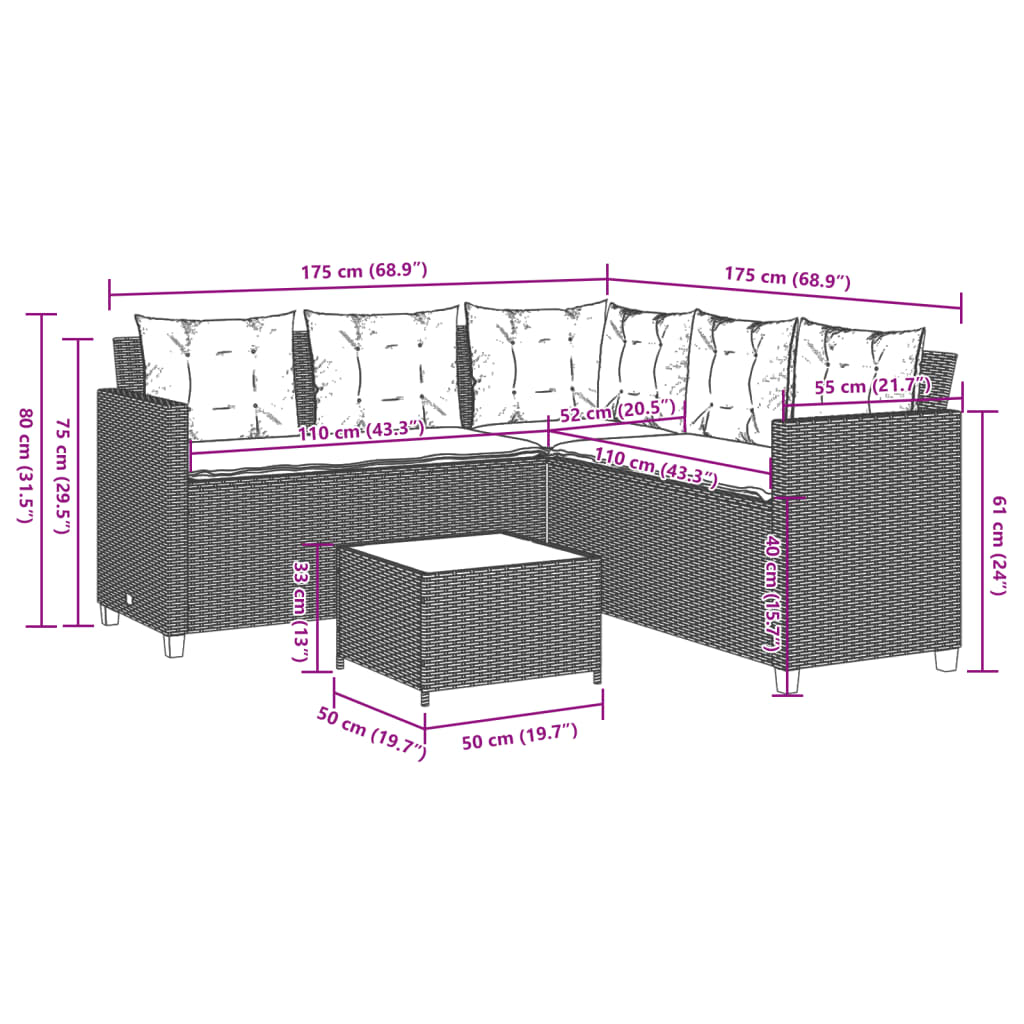 Canapé de jardin avec table et coussins en forme de L noir - XIOS