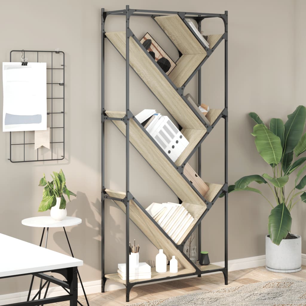 Bibliothèque chêne sonoma 79x30x180 cm bois ingénierie et métal - XIOS