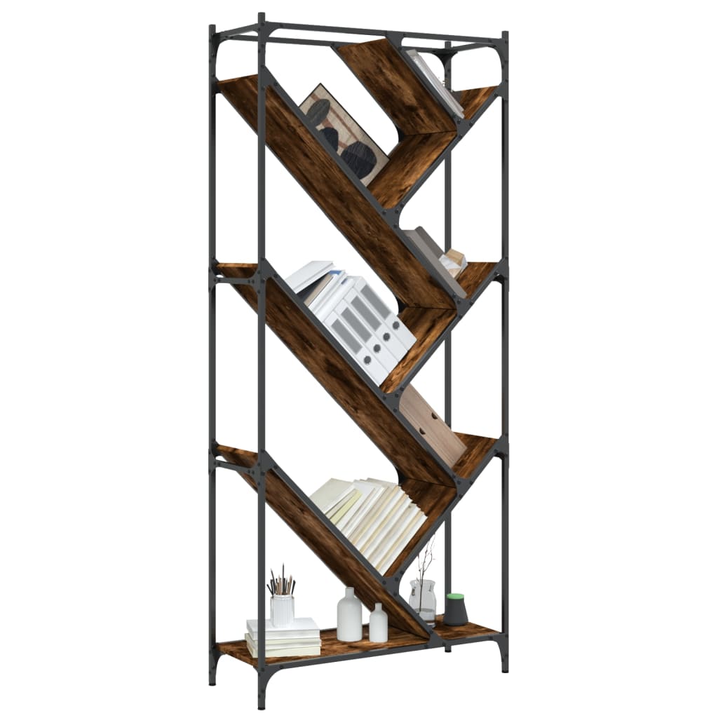 Bibliothèque chêne fumé 79x30x180 cm bois d'ingénierie et métal - XIOS