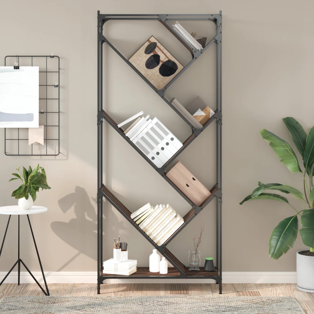 Bibliothèque chêne marron 79x30x180 cm bois ingénierie et métal - XIOS