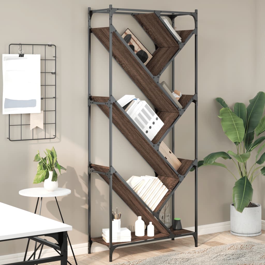 Bibliothèque chêne marron 79x30x180 cm bois ingénierie et métal - XIOS