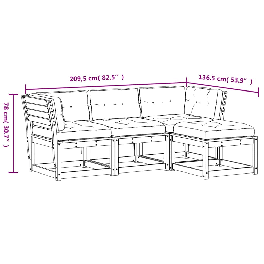 Salon de jardin 4 pcs avec coussins cire marron bois pin massif