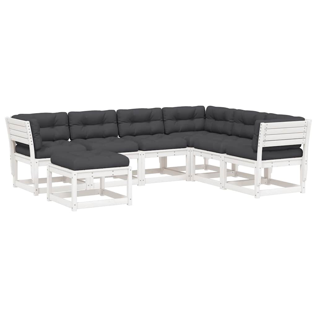 Salon de jardin 7 pcs avec coussins blanc bois de pin massif