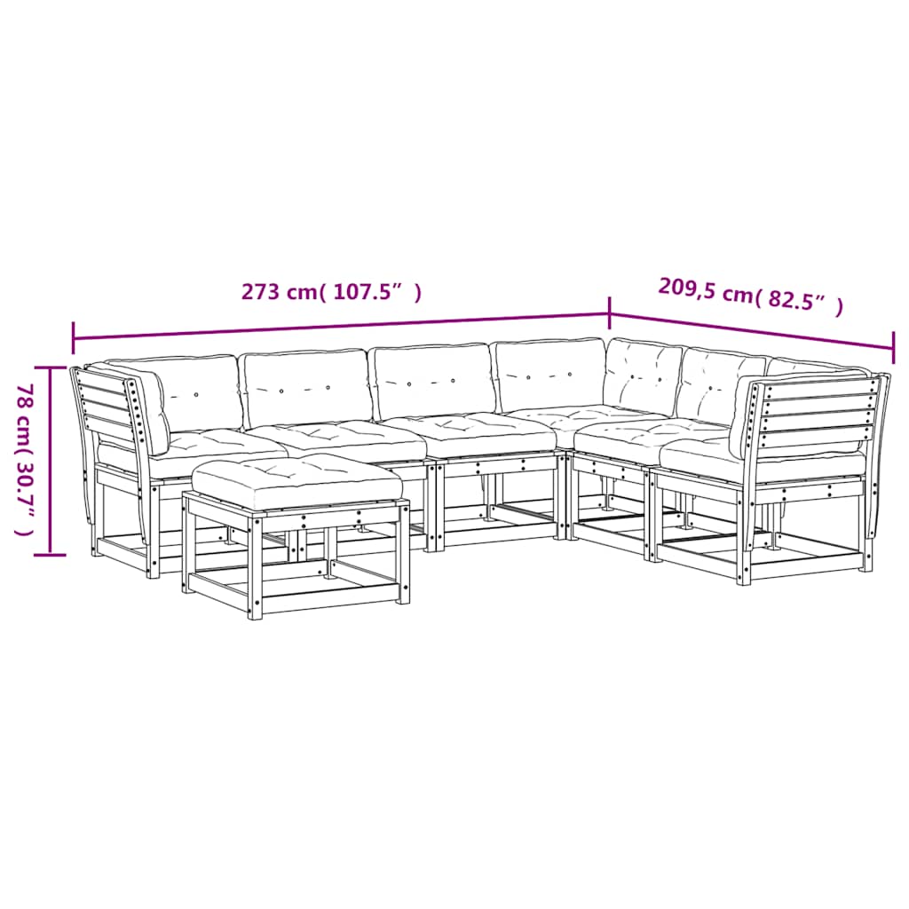 Salon de jardin 7 pcs avec coussins cire marron bois pin massif