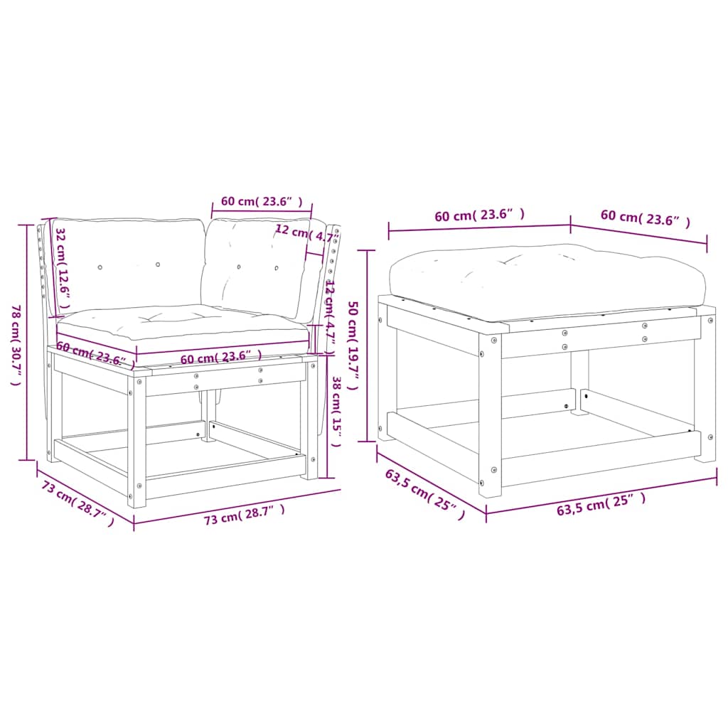 Salon de jardin 3 pcs avec coussins blanc bois massif de pin