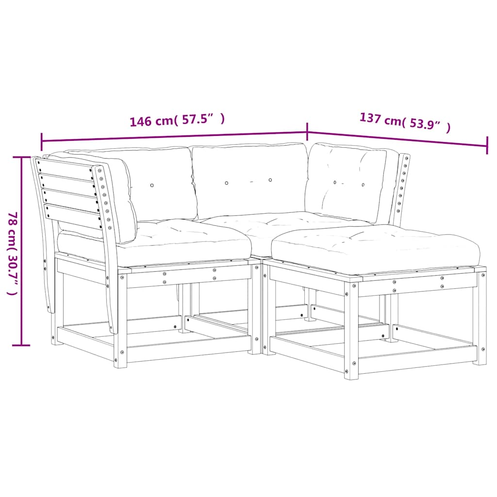 Salon de jardin 3 pcs avec coussins cire marron bois pin massif