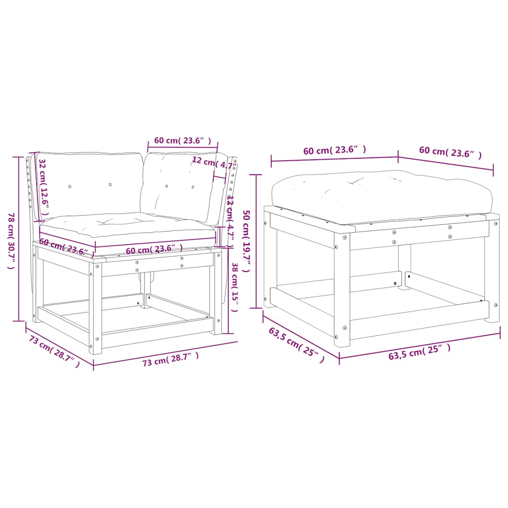 Salon de jardin 3 pcs avec coussins cire marron bois pin massif
