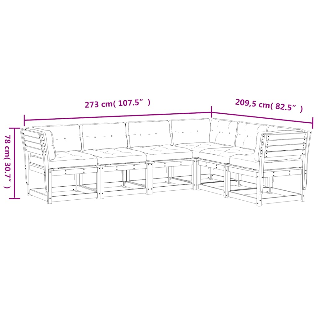 Salon de jardin 6 pcs avec coussins bois de pin massif