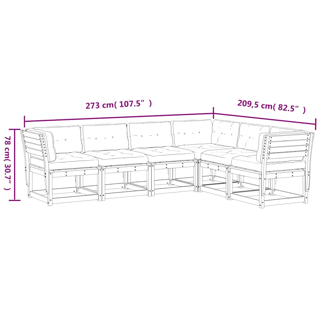 Salon de jardin 6 pcs avec coussins bois de pin massif