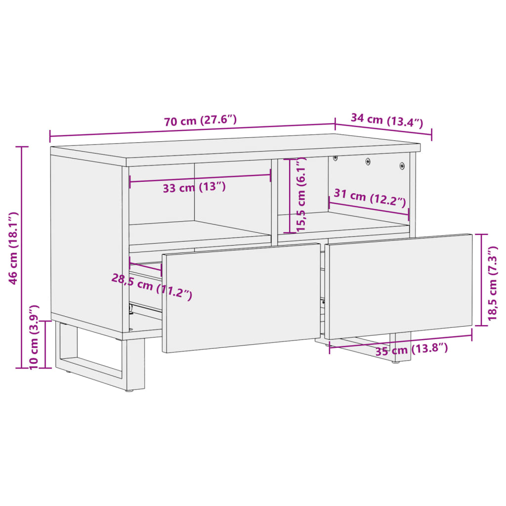 Meuble TV 70x34x46 cm bois massif de manguier brut - XIOS
