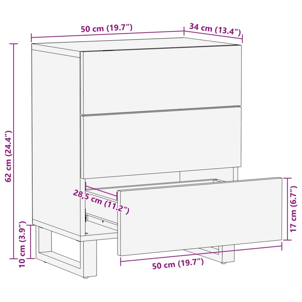 Table de chevet 50x34x62 cm bois de manguier solide - XIOS