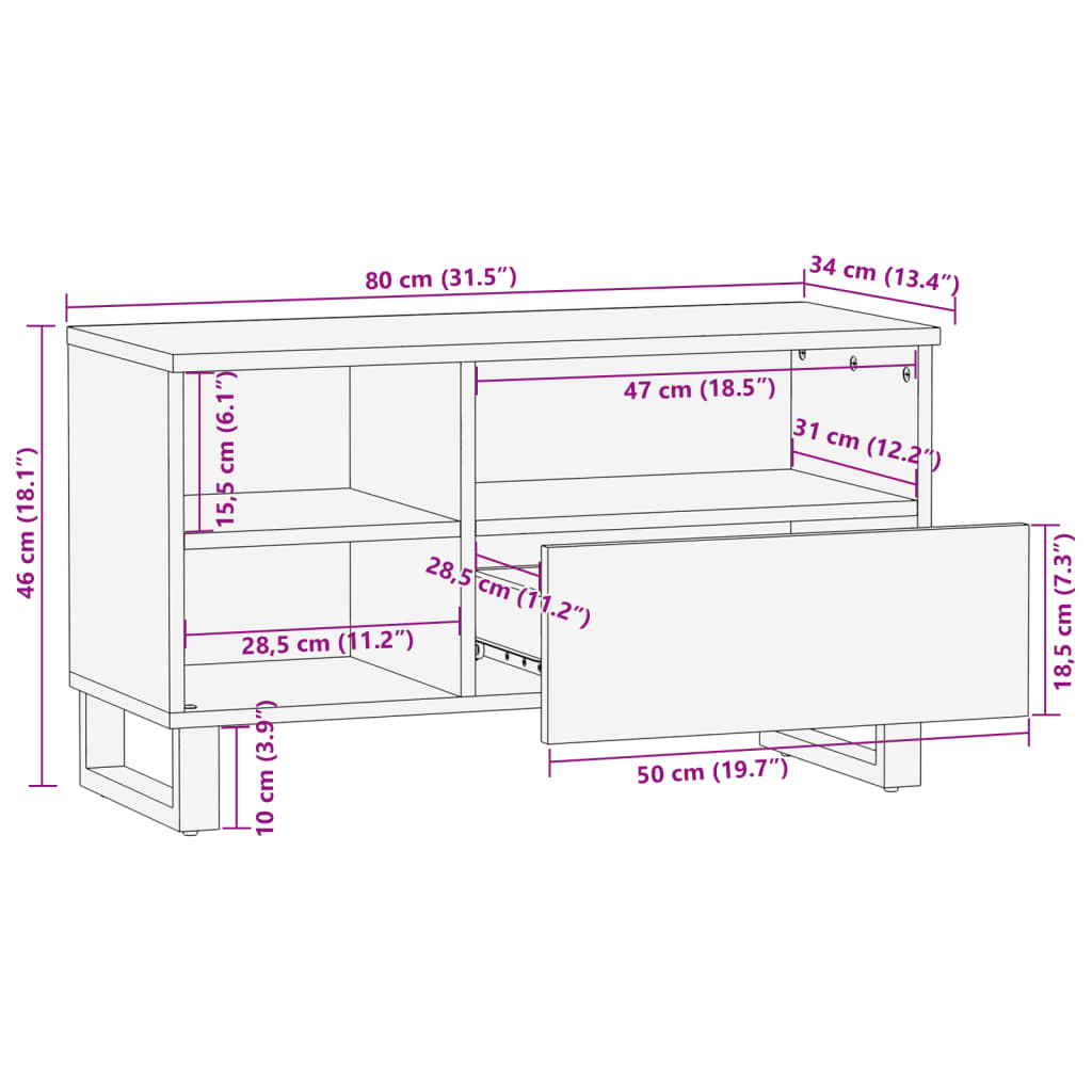 Meuble TV 80x34x46 cm bois massif de manguier - XIOS