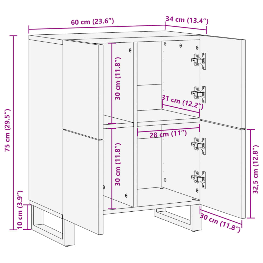 Buffet 60x34x75 cm bois de manguier massif