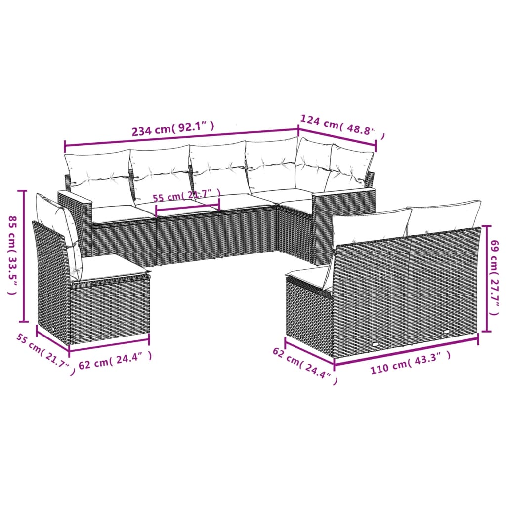 Salon de jardin 8 pcs avec coussins gris résine tressée