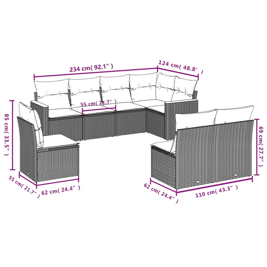 Ensemble de canapé de jardin 8 pcs avec coussins gris résine tressée