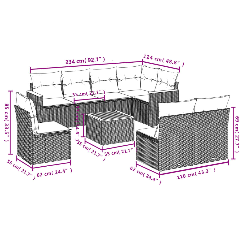 Ensemble de canapé de jardin 9 pcs avec coussins noir résine tressée