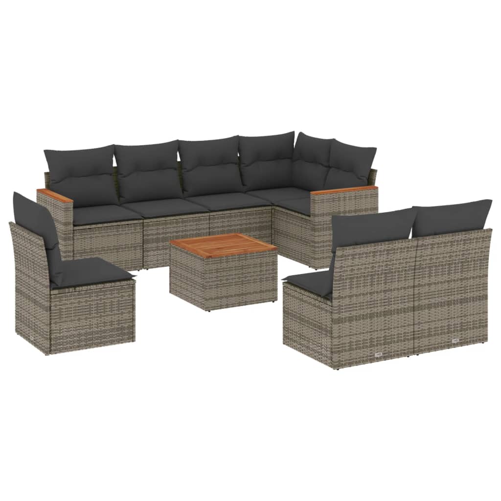 Salon de jardin 9 pcs avec coussins gris résine tressée