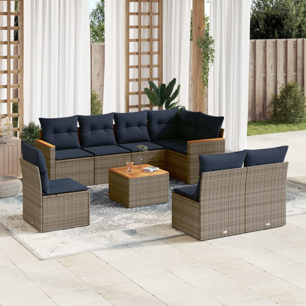 Ensemble de canapé de jardin 9 pcs avec coussins gris résine tressée