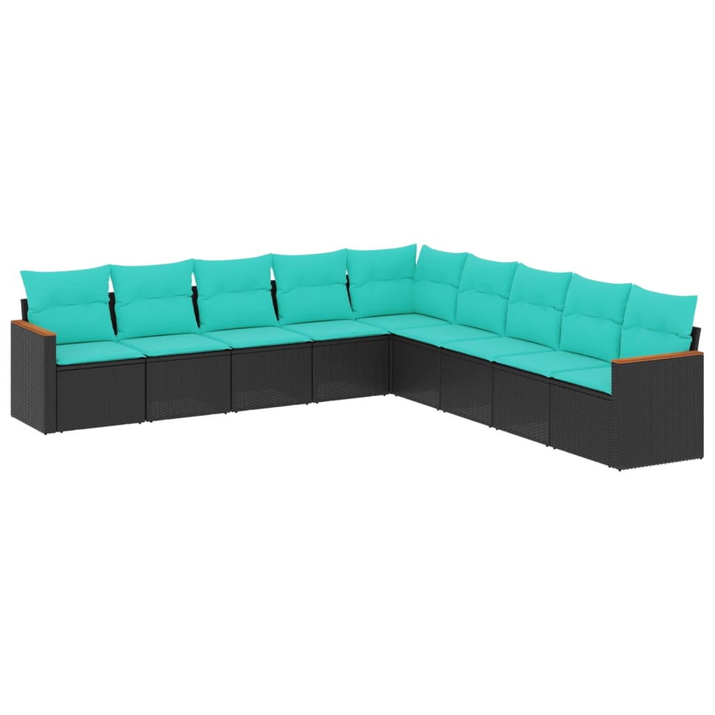 Salon de jardin 9 pcs avec coussins noir résine tressée