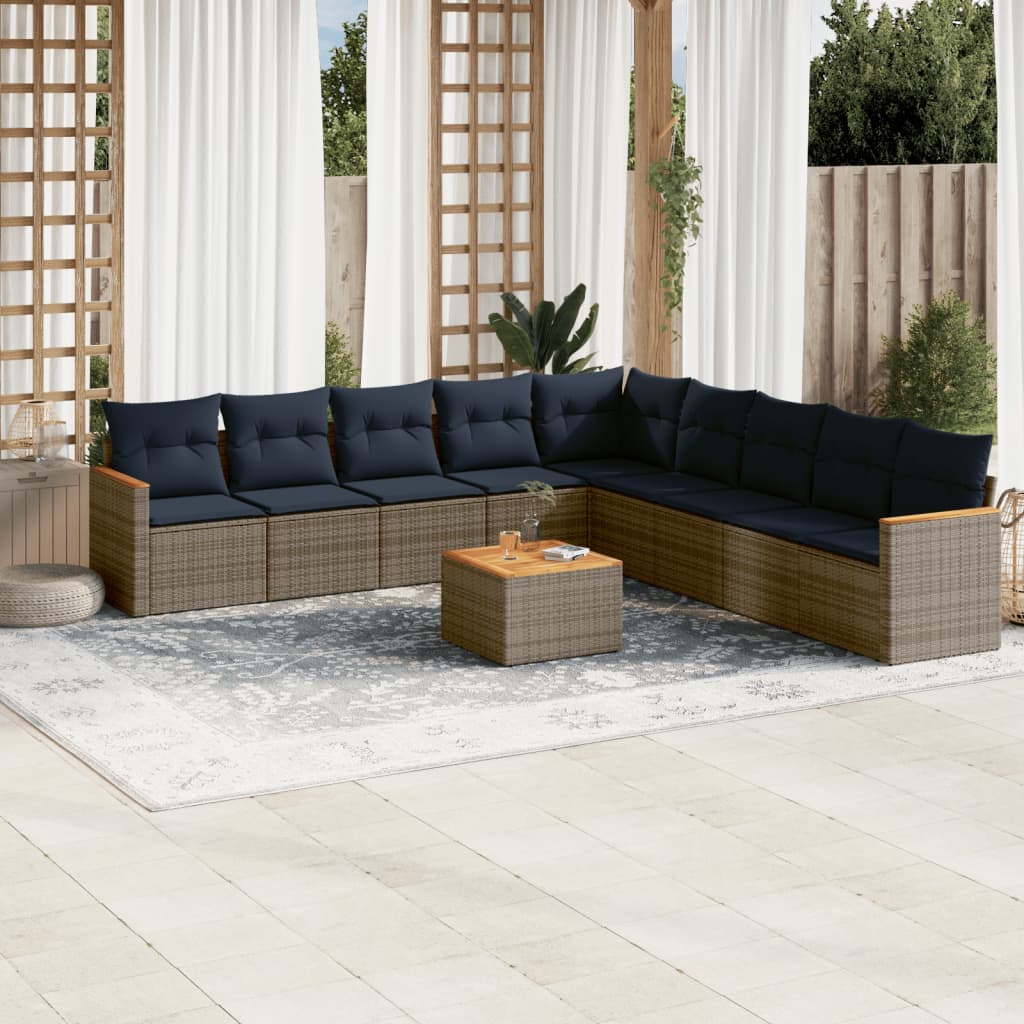 Ensemble de canapé de jardin 10 pcs avec coussins gris résine tressée