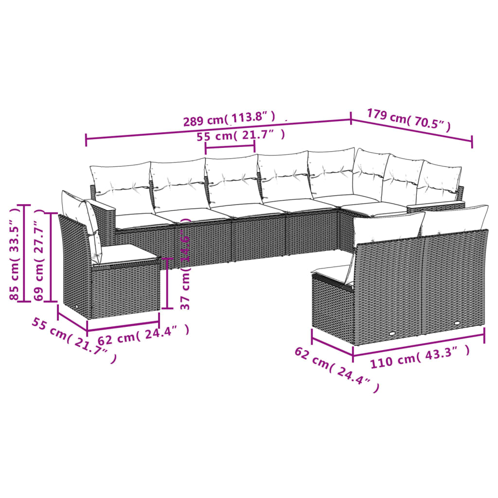 Ensemble de canapé de jardin 10 pcs avec coussins gris résine tressée