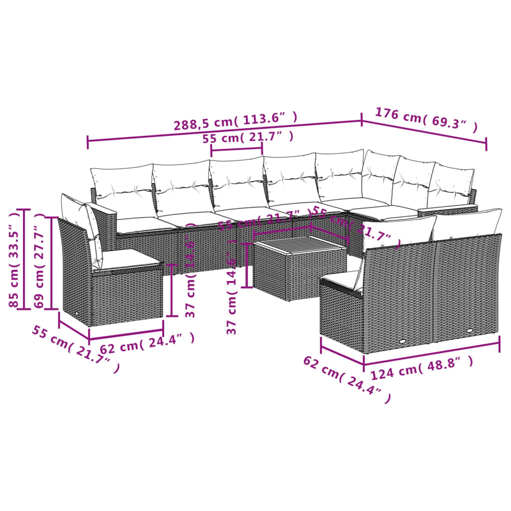 Ensemble de canapé de jardin 11 pcs avec coussins gris résine tressée