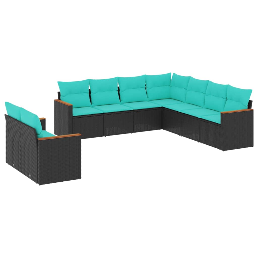 Salon de jardin 9 pcs avec coussins noir résine tressée