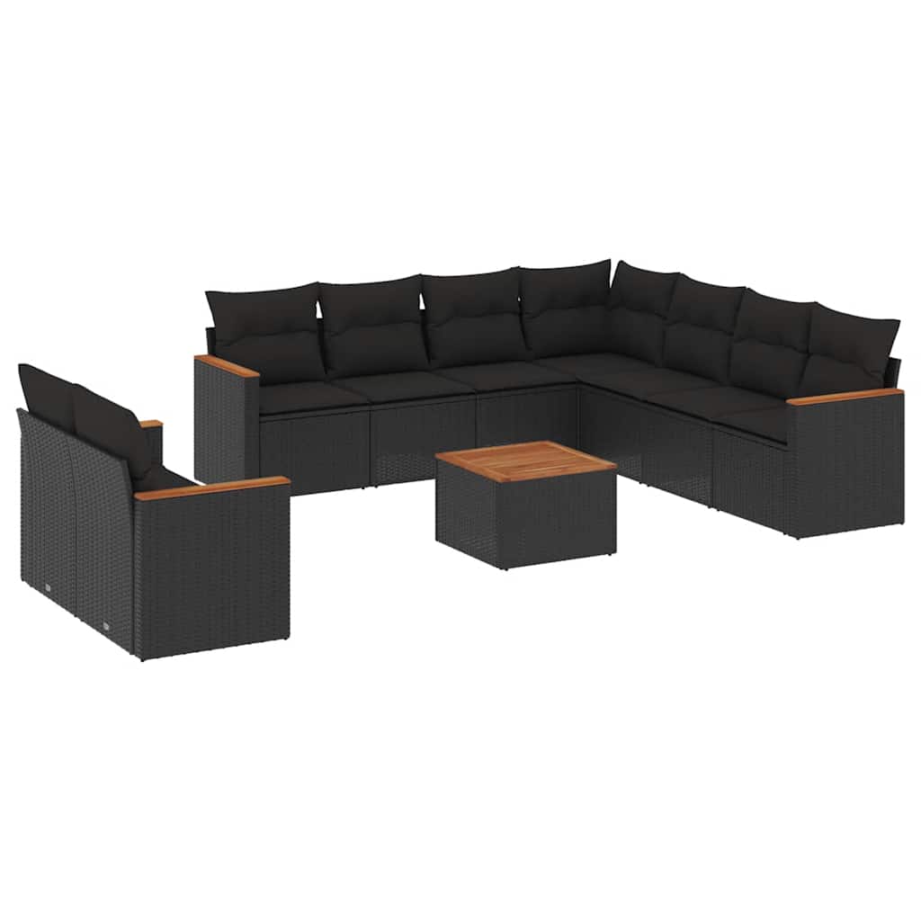 Salon de jardin 10 pcs avec coussins noir résine tressée