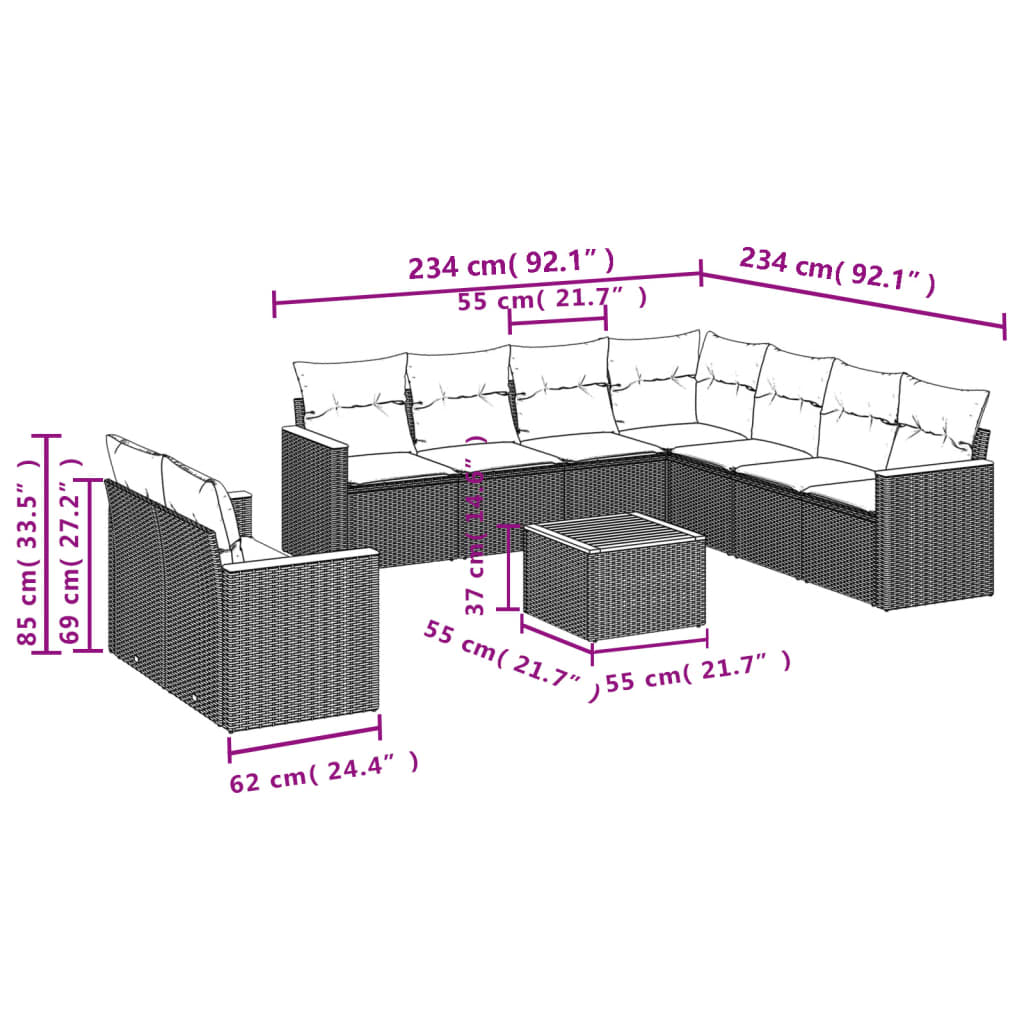 Ensemble de canapé de jardin 10 pcs avec coussins gris résine tressée