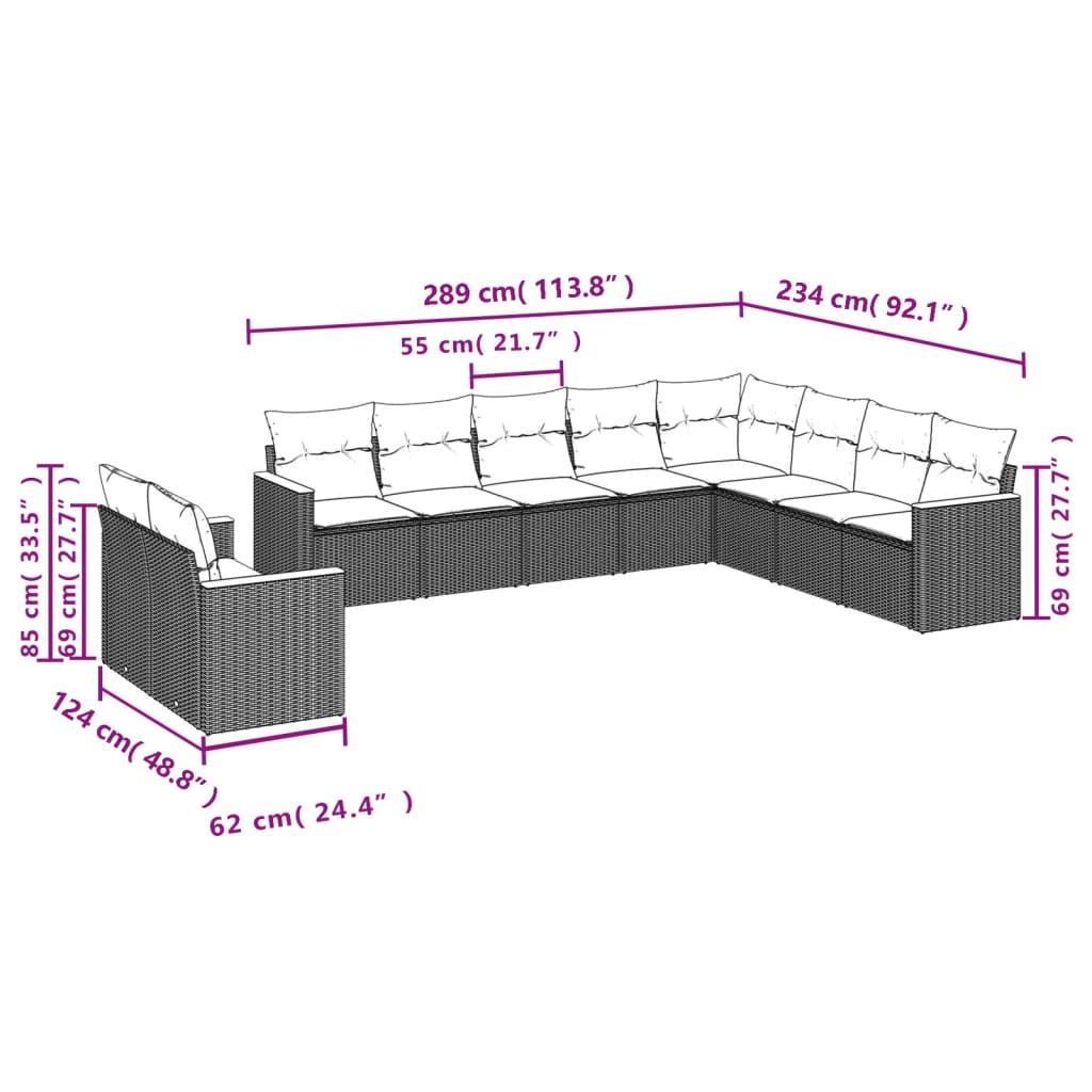 Ensemble de canapé de jardin 10 pcs avec coussins gris résine tressée