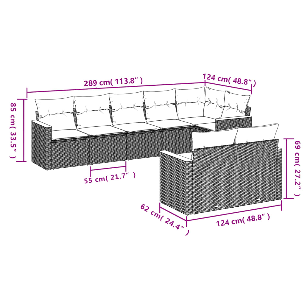 Ensemble de canapé de jardin 8 pcs avec coussins gris résine tressée