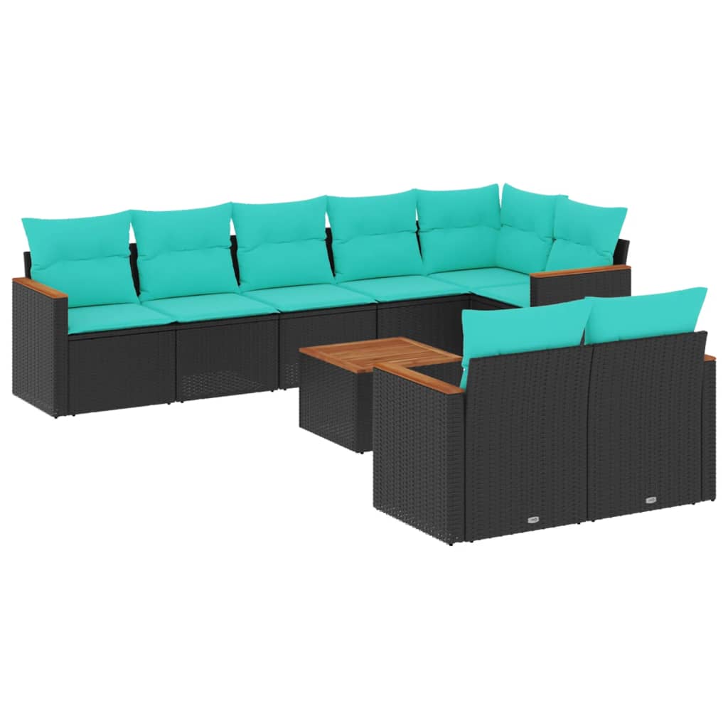 Ensemble de canapé de jardin 9 pcs avec coussins noir résine tressée