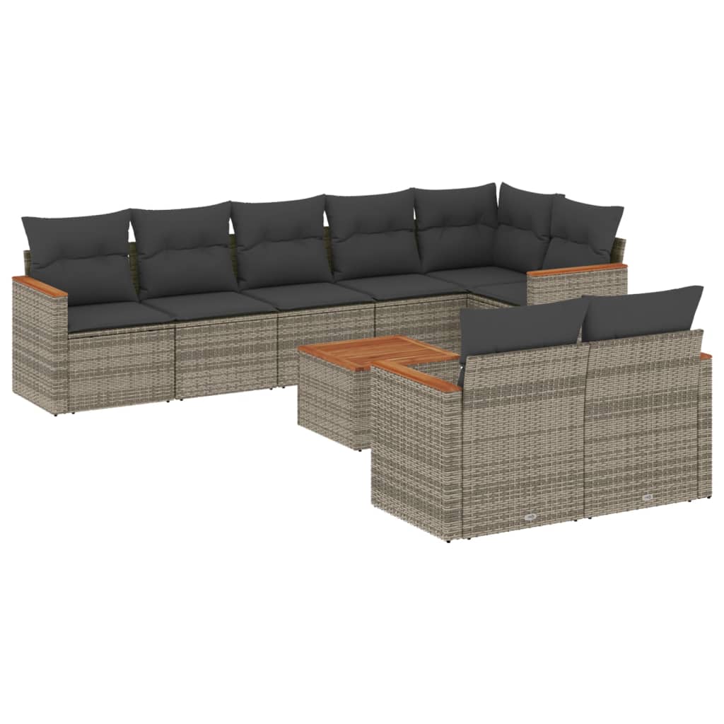 Salon de jardin 9 pcs avec coussins gris résine tressée