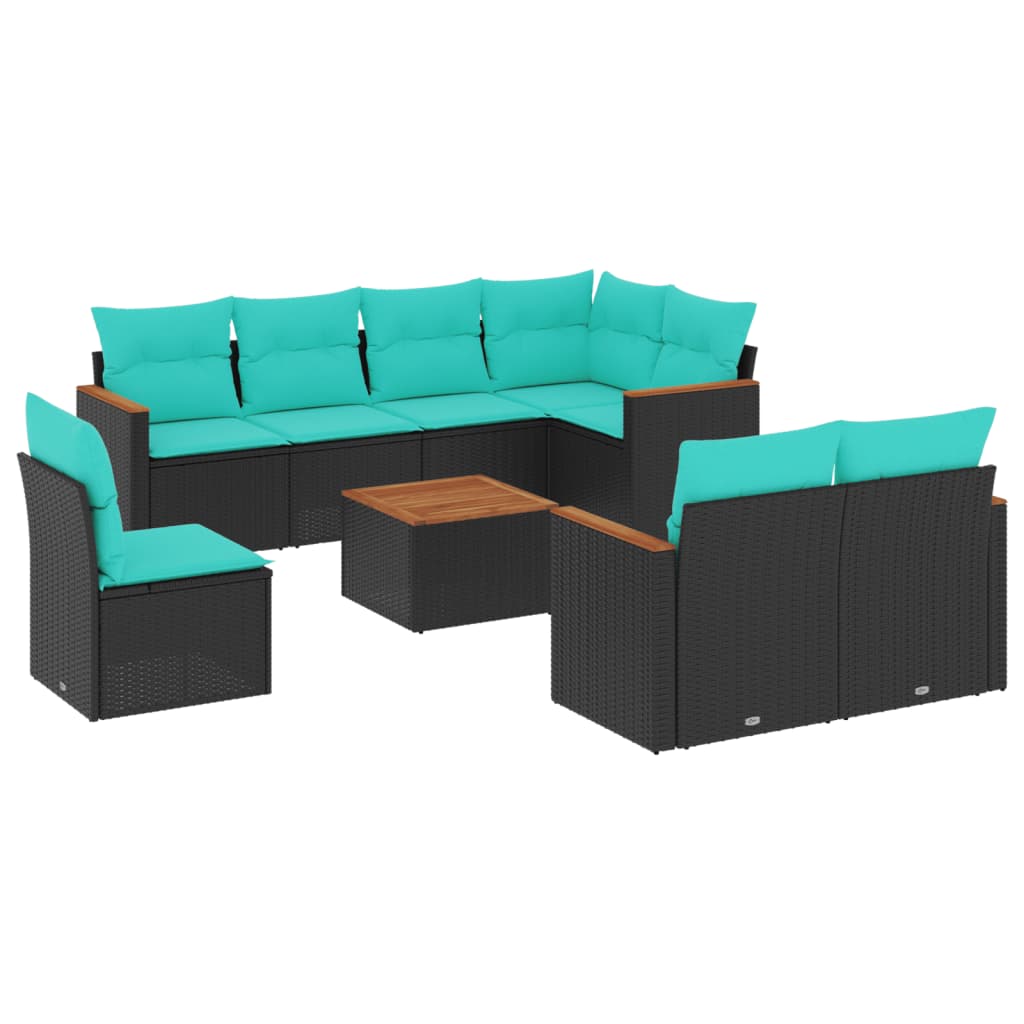Ensemble de canapé de jardin 9 pcs avec coussins noir résine tressée