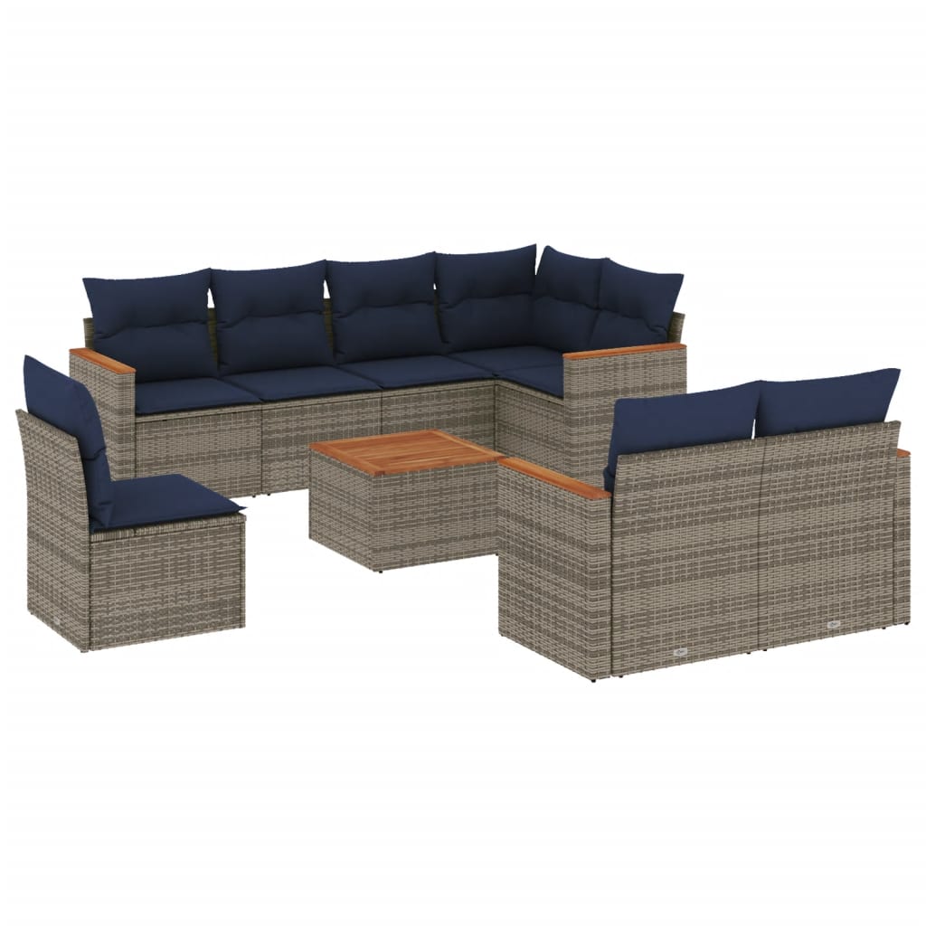 Ensemble de canapé de jardin 9 pcs avec coussins gris résine tressée