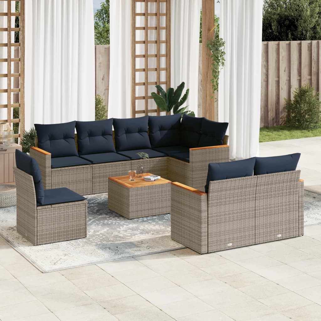 Ensemble de canapé de jardin 9 pcs avec coussins gris résine tressée