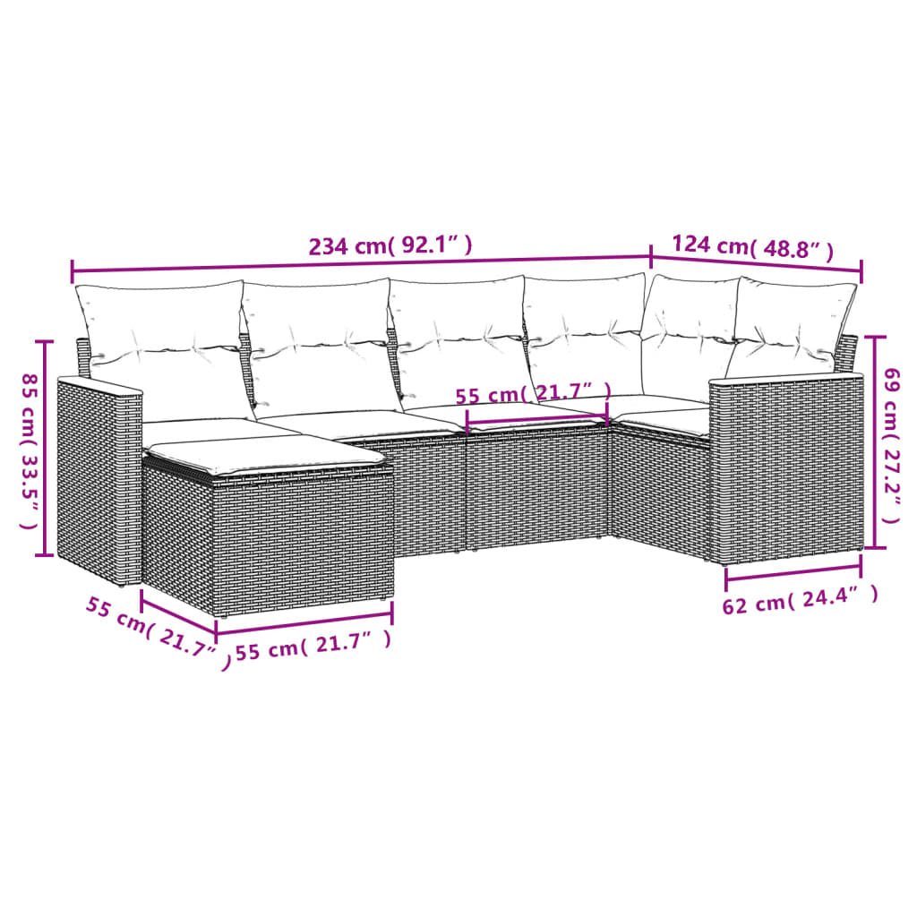 Salon de jardin 6 pcs avec coussins noir résine tressée