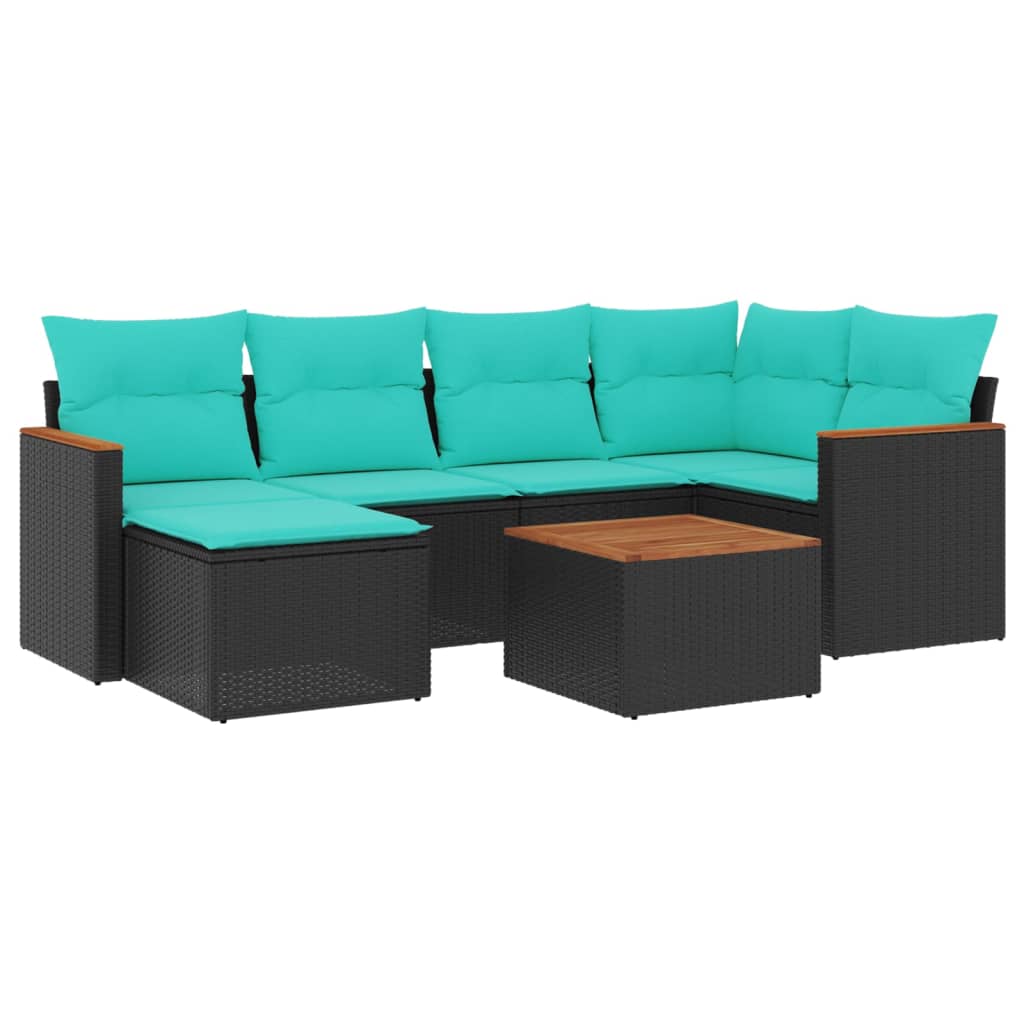 Ensemble de canapé de jardin 7 pcs avec coussins noir résine tressée