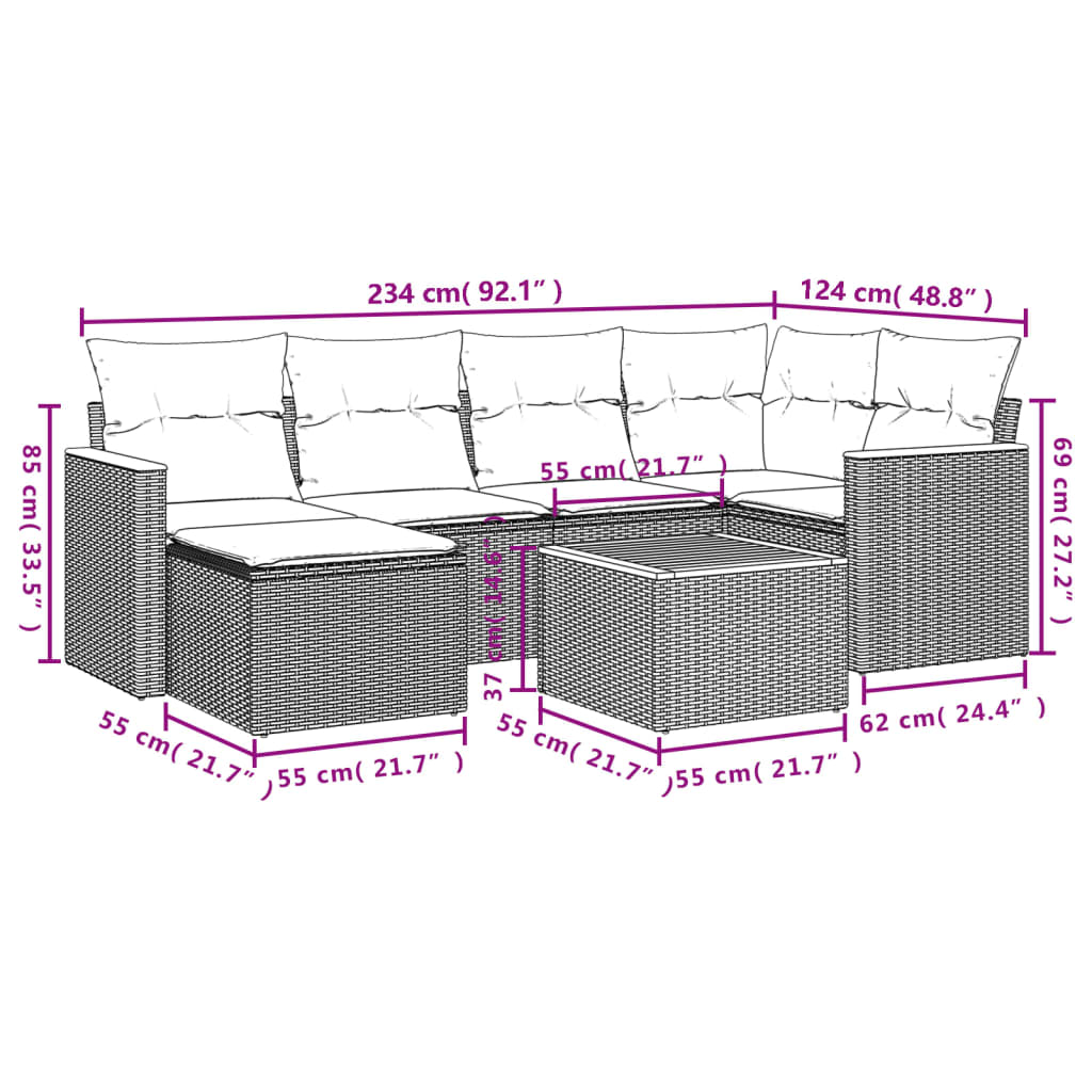 Ensemble de canapé de jardin 7 pcs avec coussins gris résine tressée