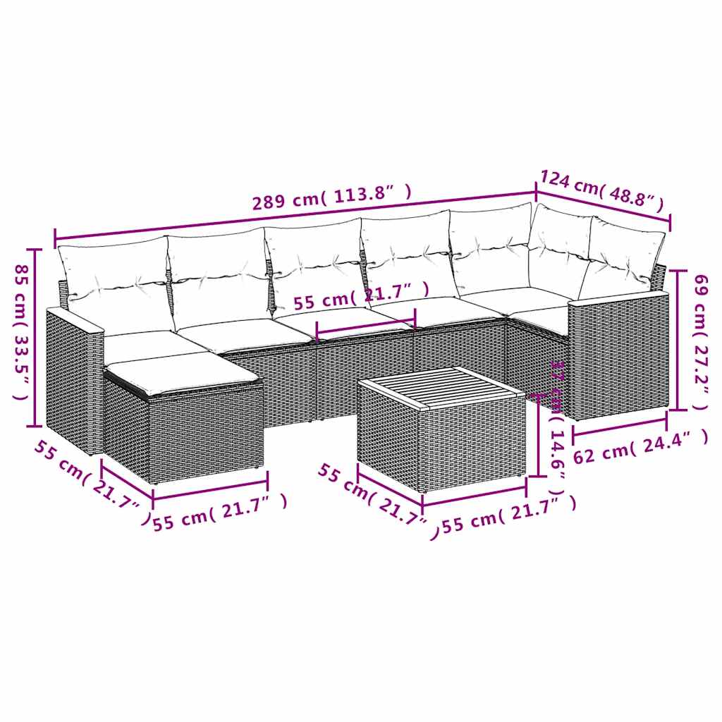Salon de jardin 8 pcs avec coussins noir résine tressée