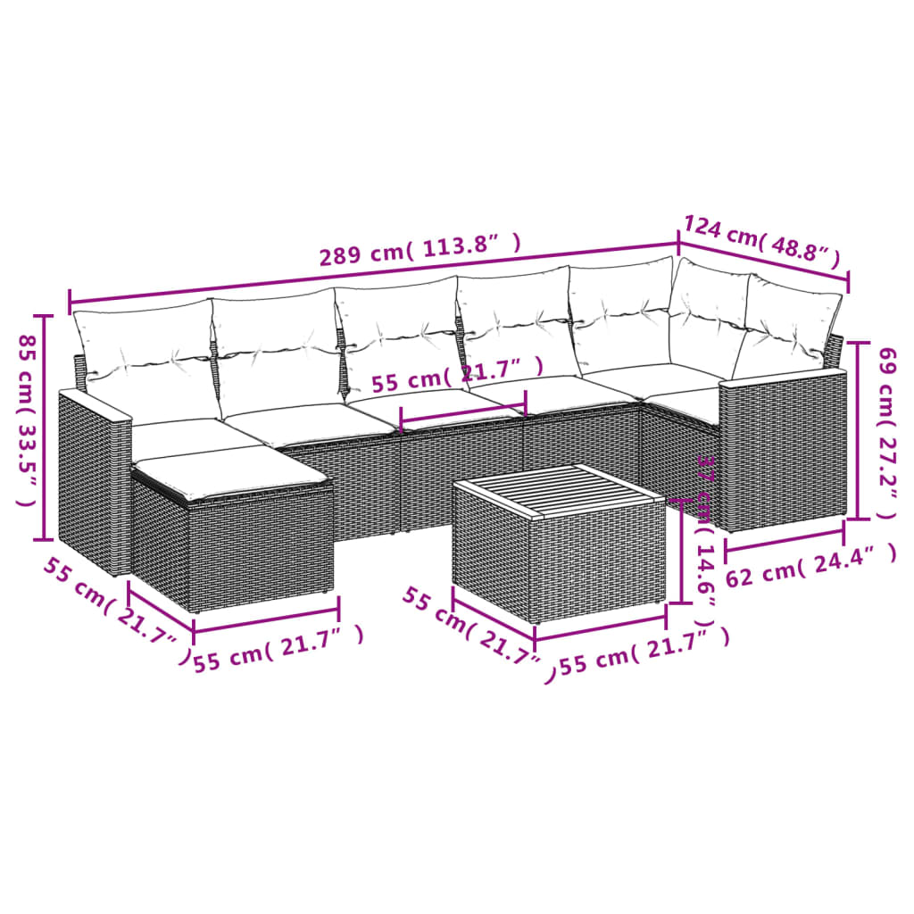 Salon de jardin 8 pcs avec coussins gris résine tressée